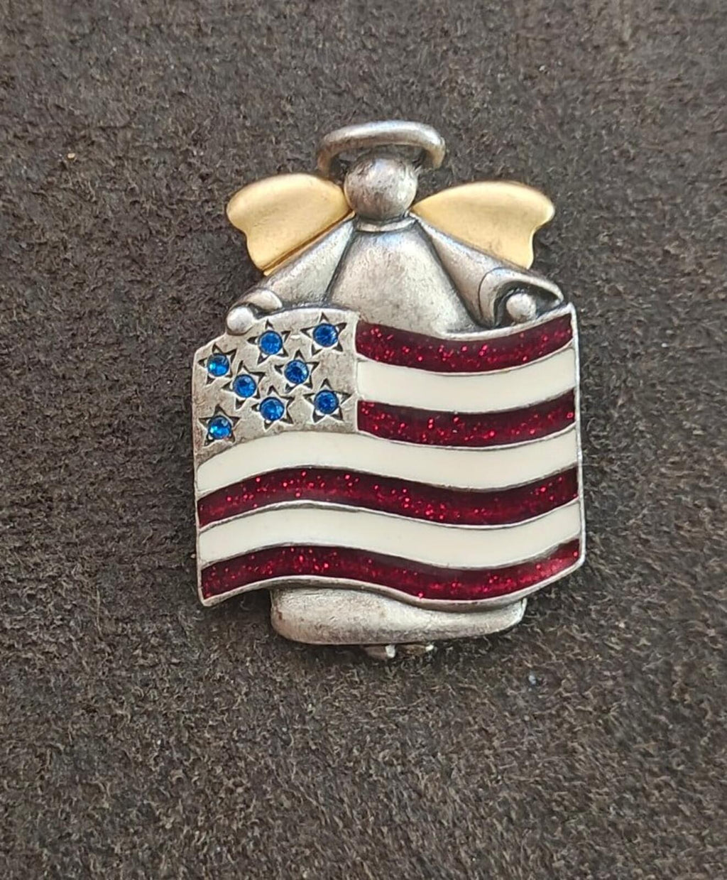 1980s Signed AJMC Fine Pewter Patriotic American Flag Angel Brooch