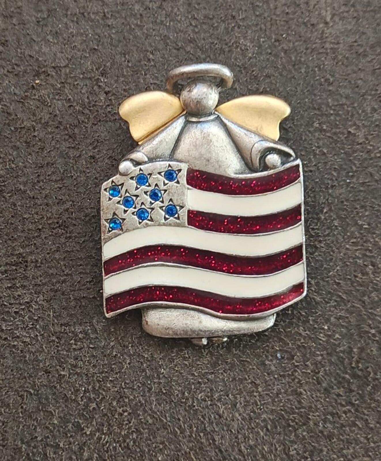 1980s Signed AJMC Fine Pewter Patriotic American Flag Angel Brooch