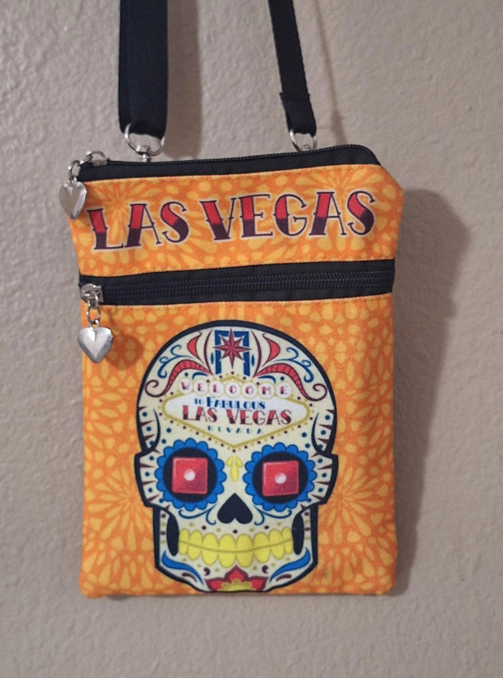 Welcome To Fabulous Las Vegas Orange Zippered Skull With Heart Accents Purse