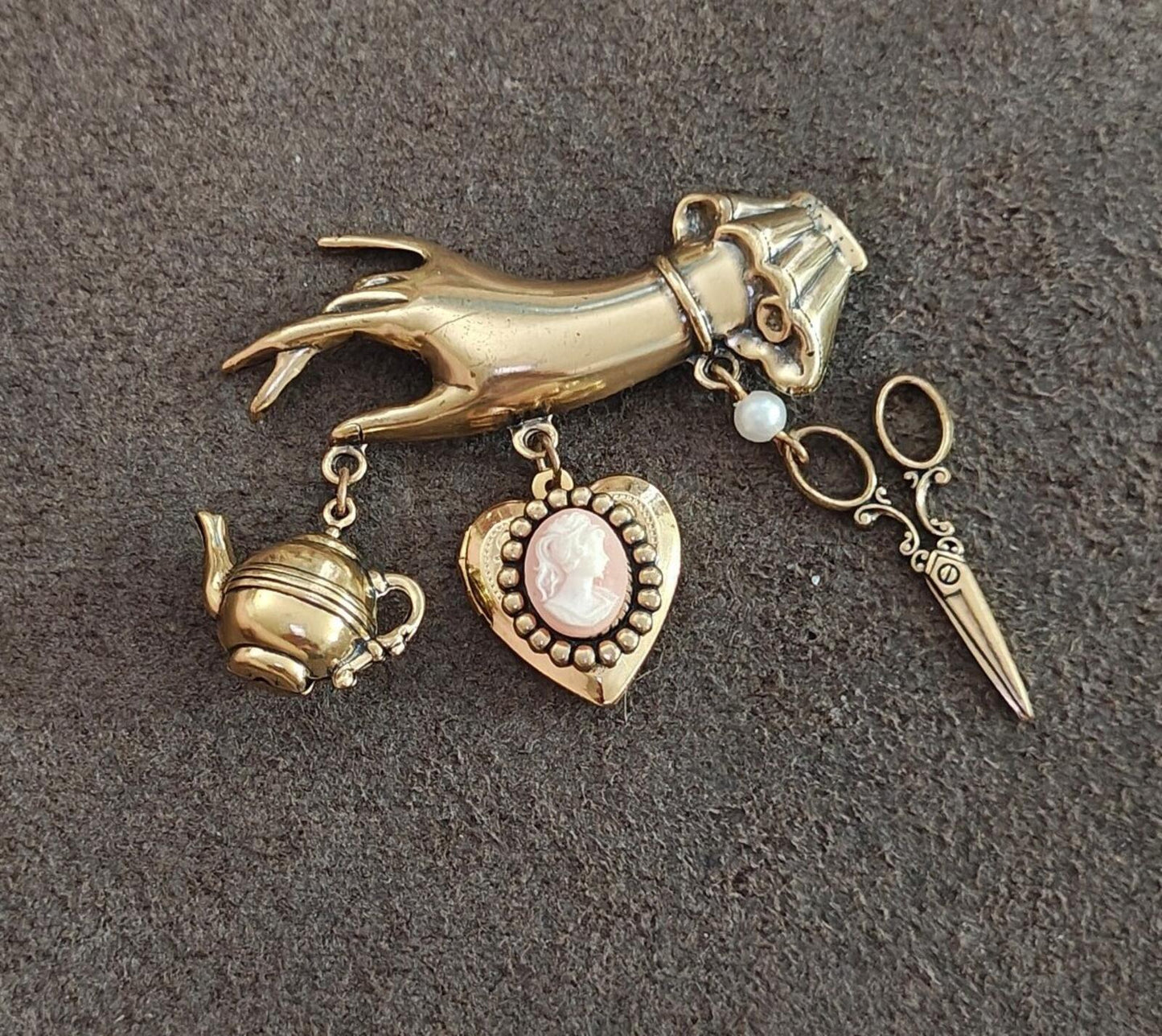 1980s/90s Victorian Style Chatelaine Inspired  Gold Tone Charm Dangle Brooch