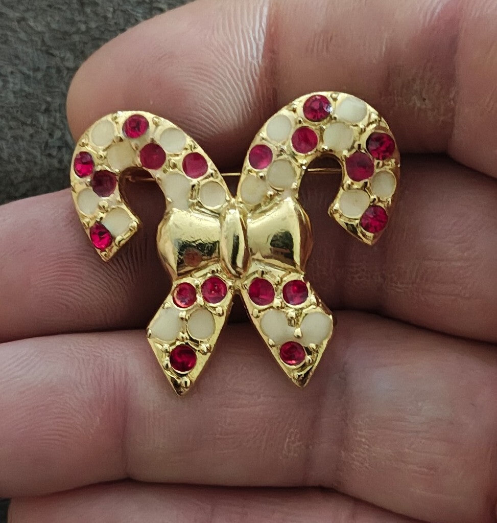 1970s/80s Gold Tone Candy Cane Brooch with Red and White Enamel