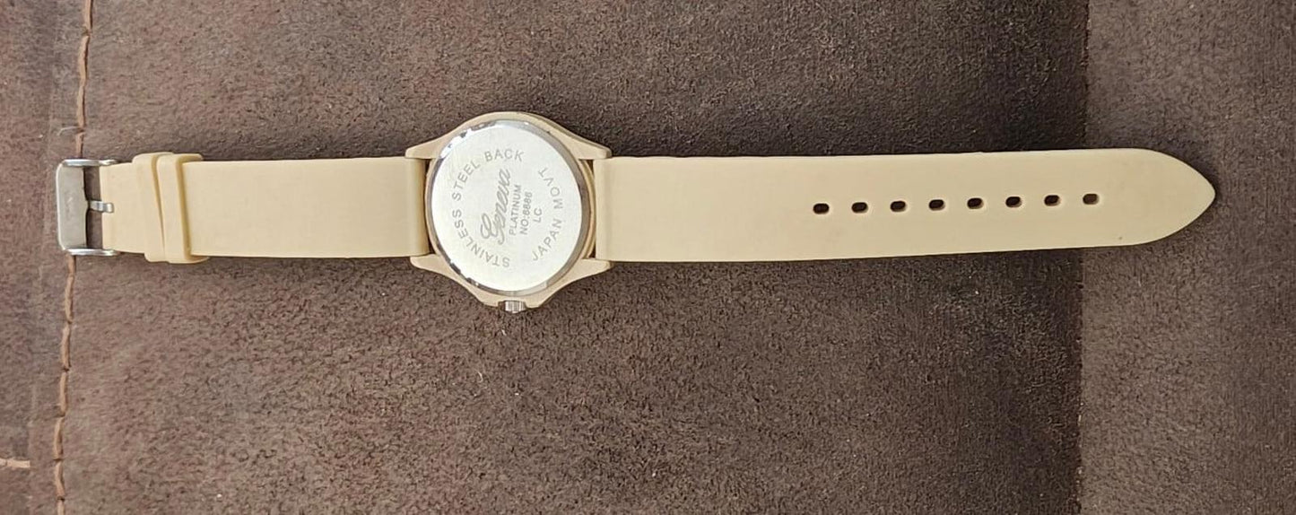 Geneva Platinum Beige Dial Rhinestones Bezel  Beige Silicone Watch