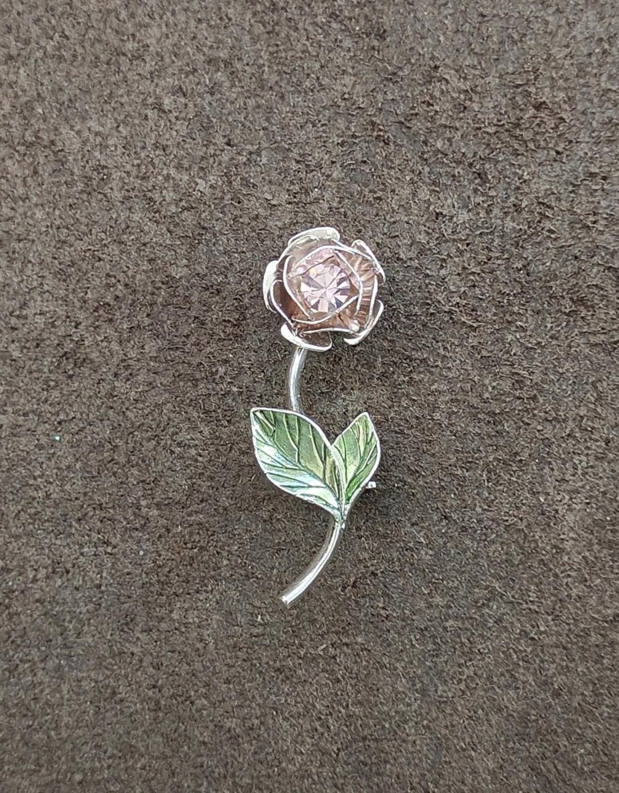 1990s Signed Avon Silver Tone With Green Enamel and Rhinestone Flower Brooch