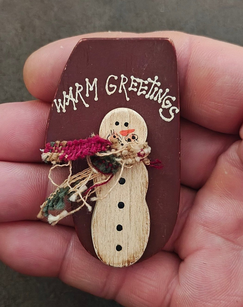 Hand Crafted Painted Rustic Wooden Christmas Snowman Brooch