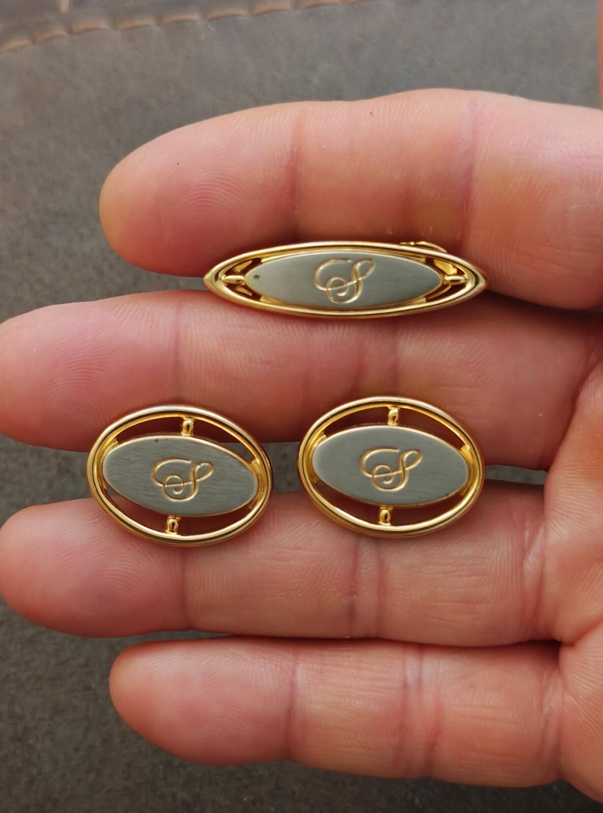 1950s/60s Hickok USA Two Tone Monogram Initial S Tie Bar/Tie Clip & Cufflink Set