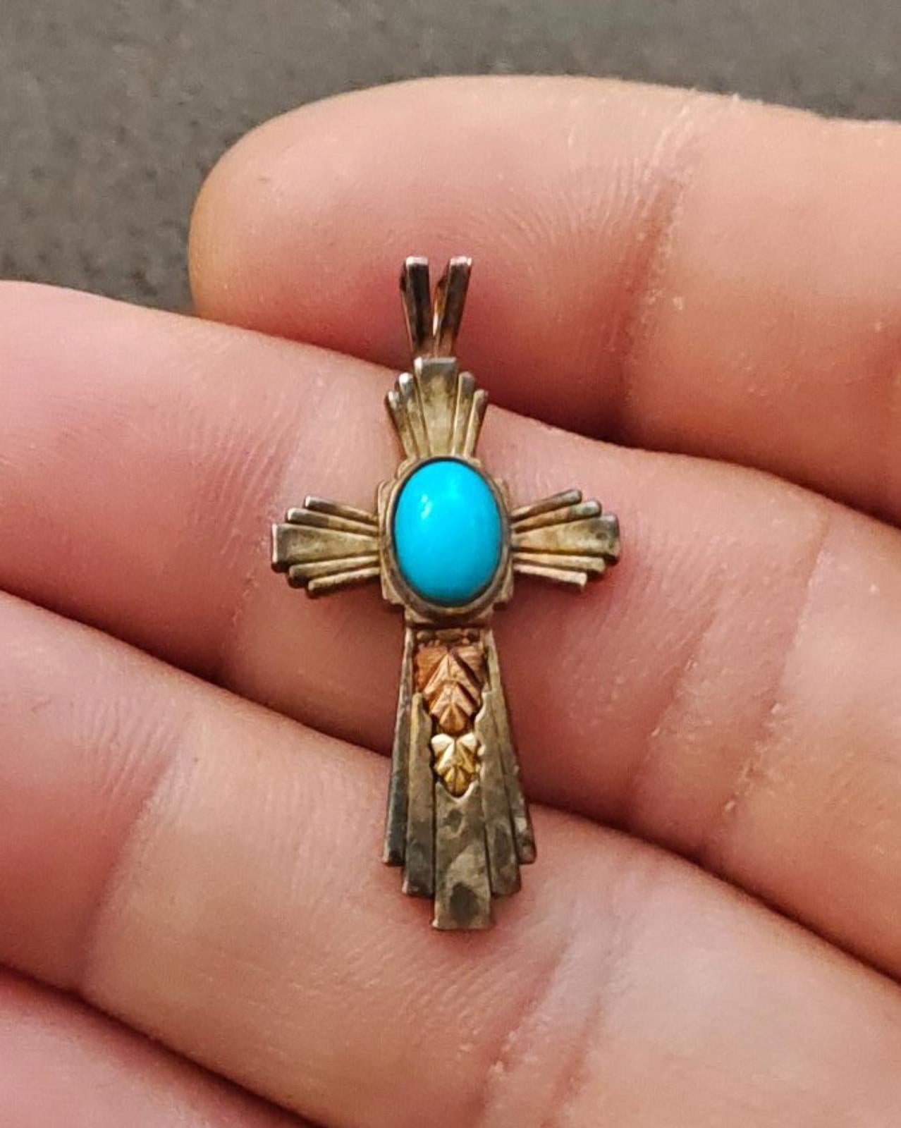 80s Coleman Co. Black Hills 12 Kt Gold & Sterling Silver Turquoise Cross Pendant