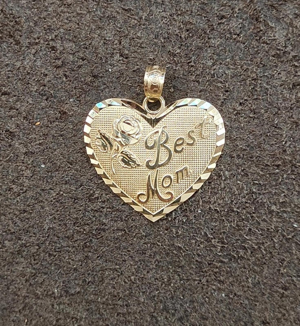 14k yellow gold heart pendant charm stamped “Best Mom” with diamond-cut edge