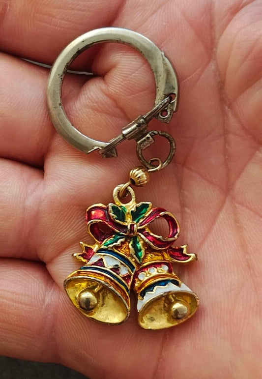 1980s Gold Tone With Red White & Green Enamel Christmas Bell Keychain