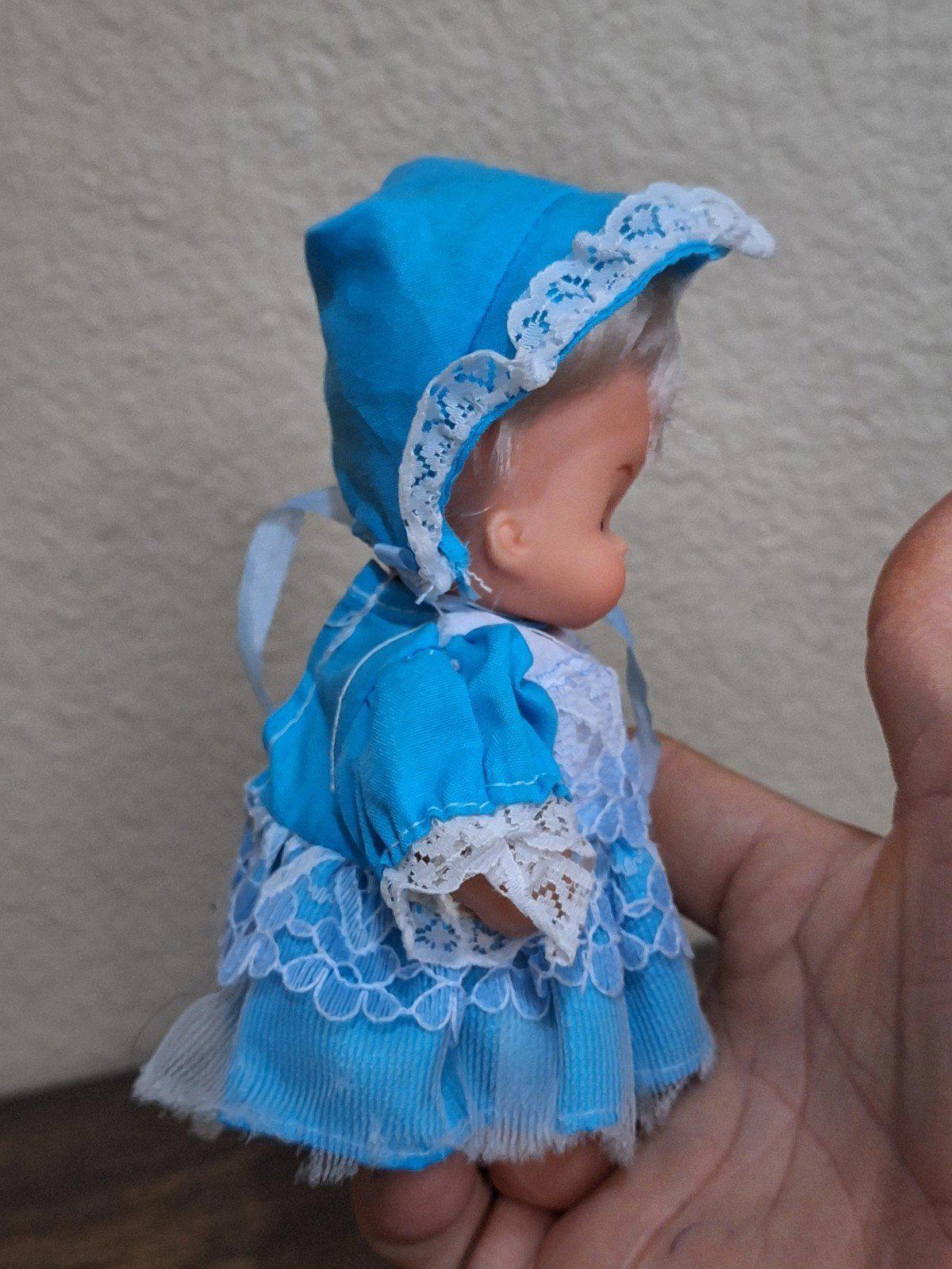 1970's Miniature Baby Doll With Blue Dress and Blue Eyes