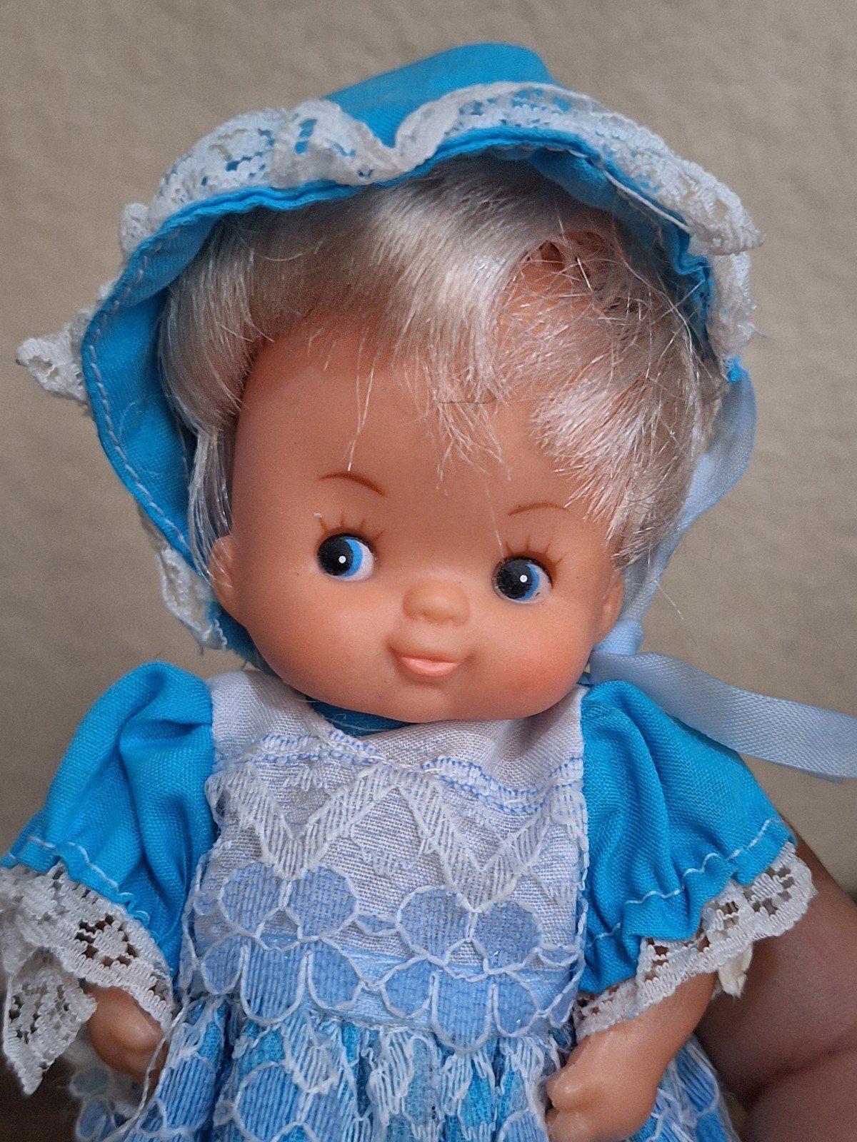 1970's Miniature Baby Doll With Blue Dress and Blue Eyes