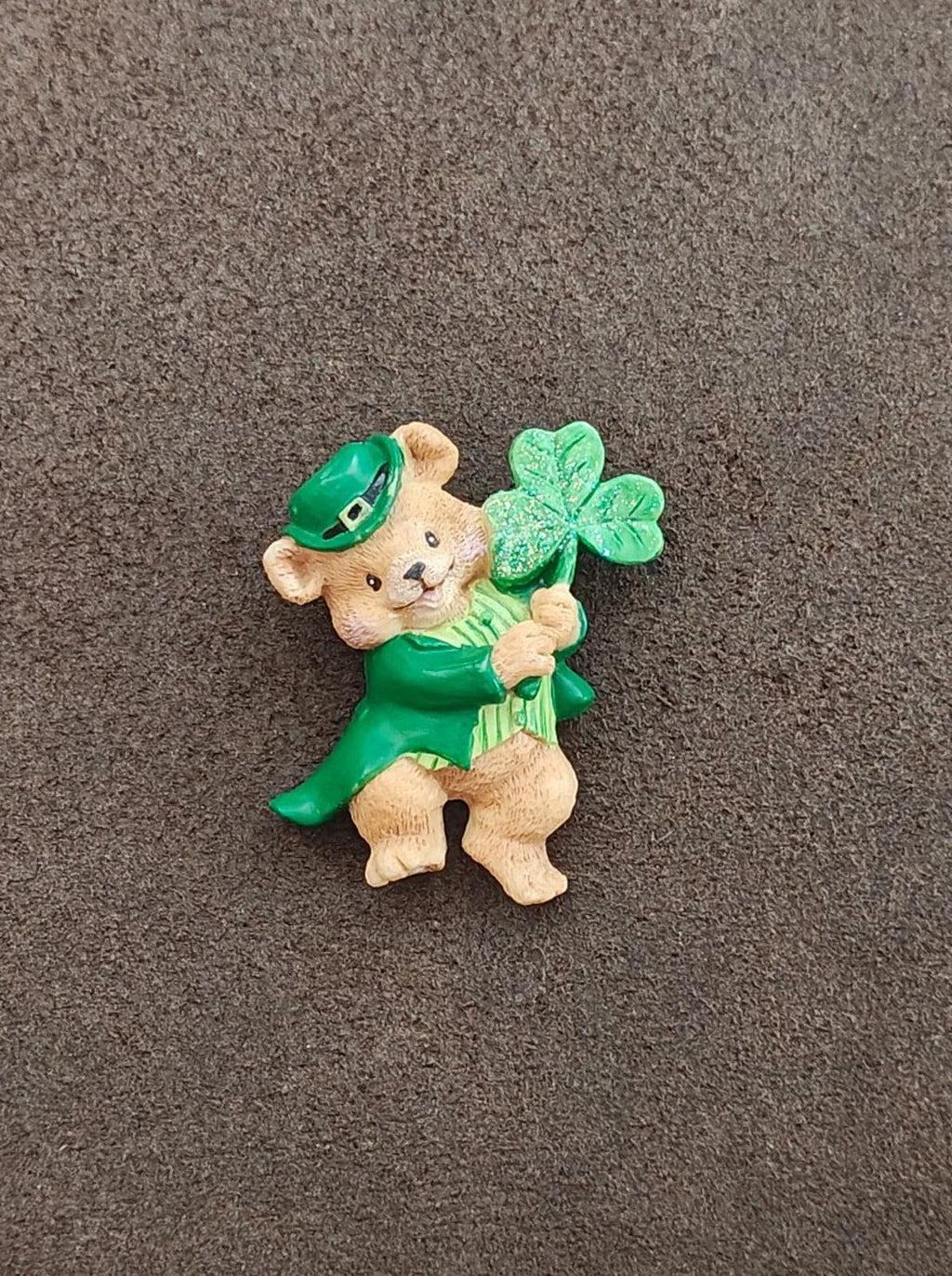 Small green bear leprechaun brooch with shamrock and green hat