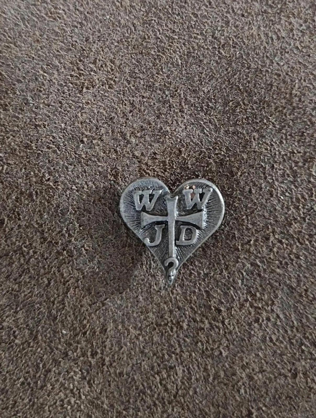 Pewter WWJD heart religious lapel pin with WWJD letters and hanging pin