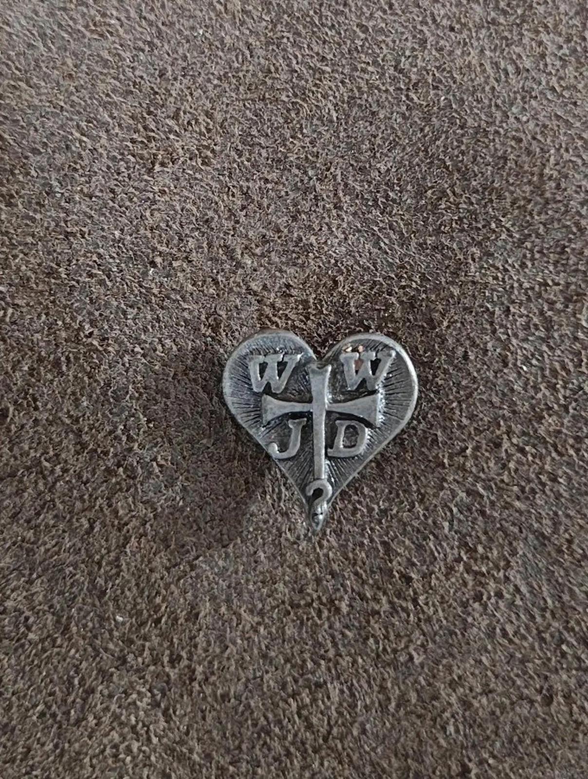 Pewter WWJD heart religious lapel pin with WWJD letters and hanging pin