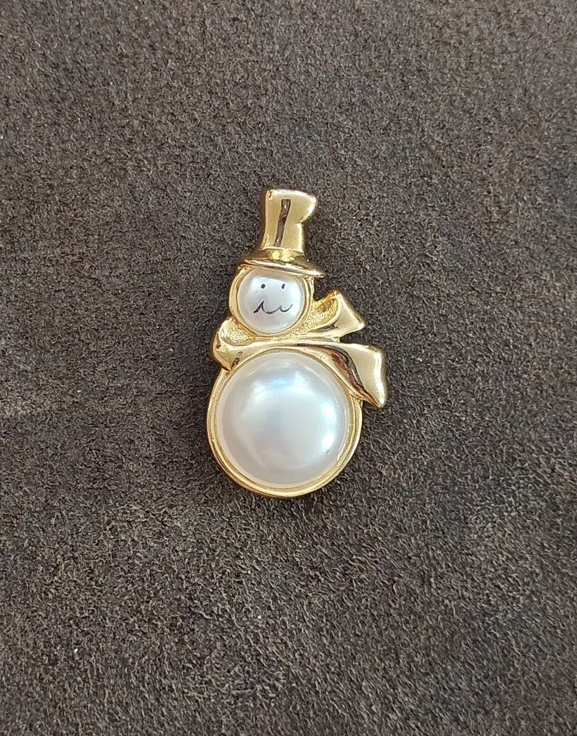 1980s Gold Tone Faux Pearl Snowman Brooch