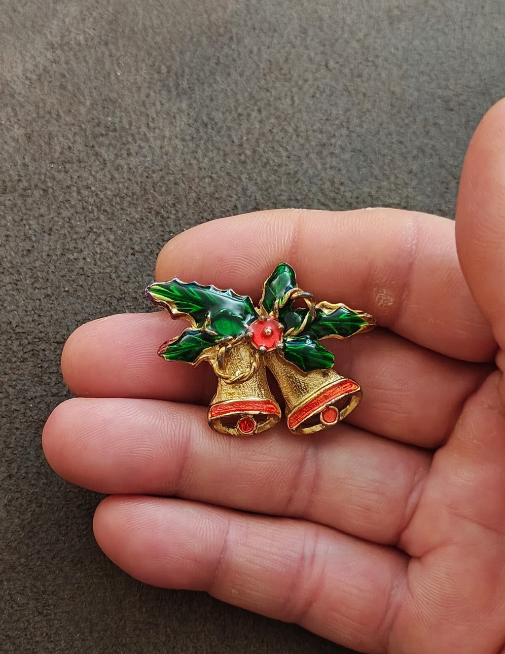 1970s Vintage Gold Tone Enamel Christmas Bells Brooch Pin