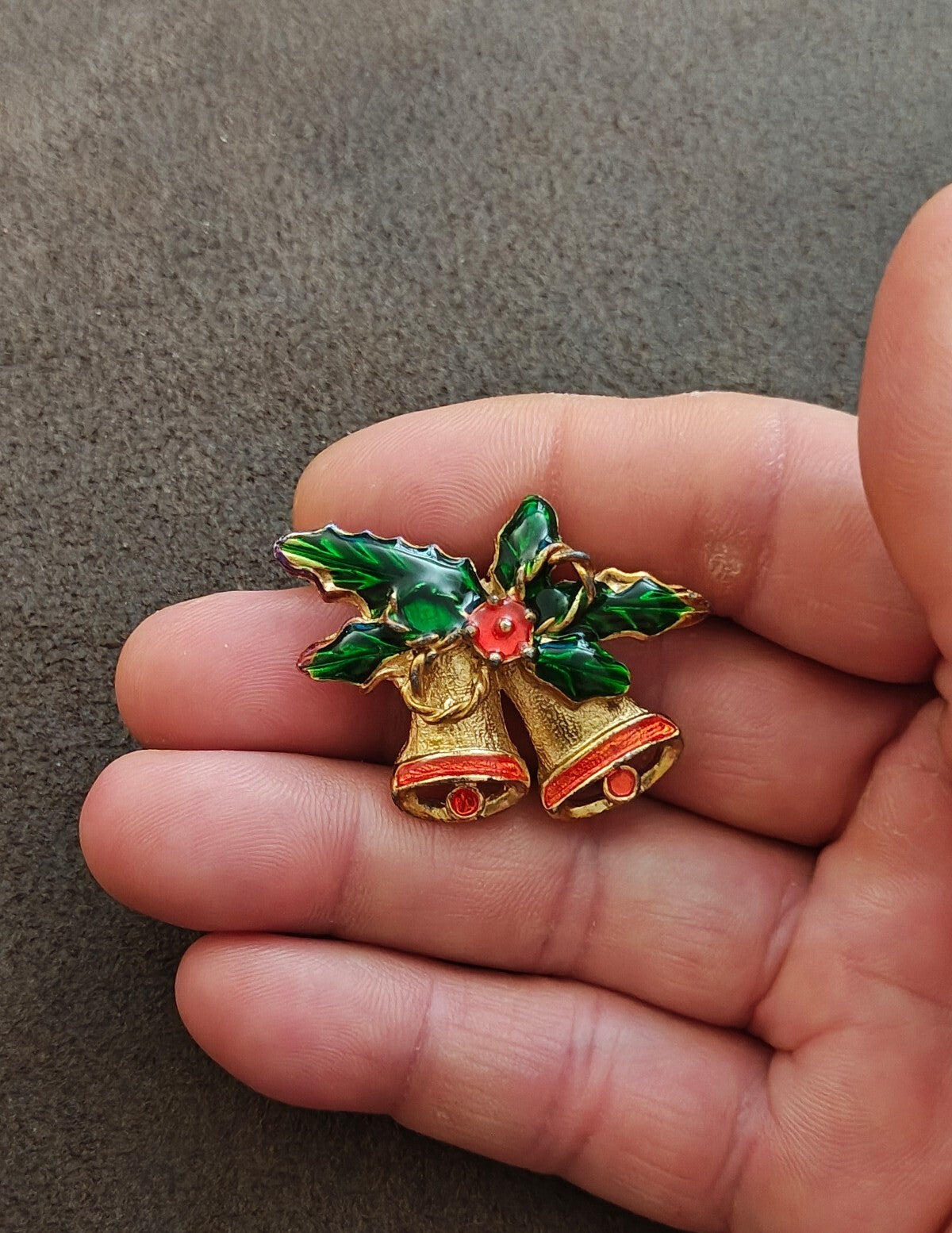 1970s Vintage Gold Tone Enamel Christmas Bells Brooch Pin