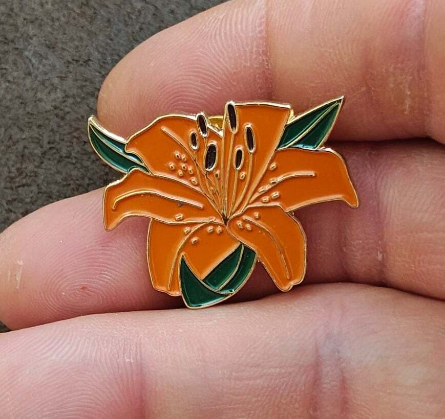Colorful PinMart's Orange Tiger Lily Flower Enamel Gold Tone Pin