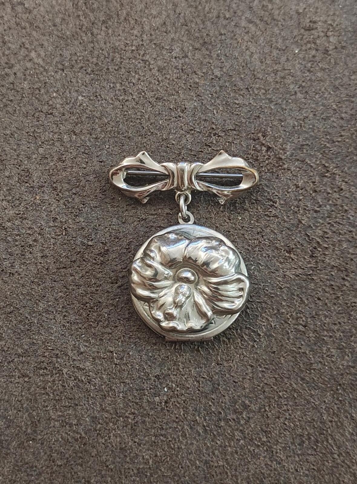 1930s Art Nouveau Silver Tone Flower Locket Brooch
