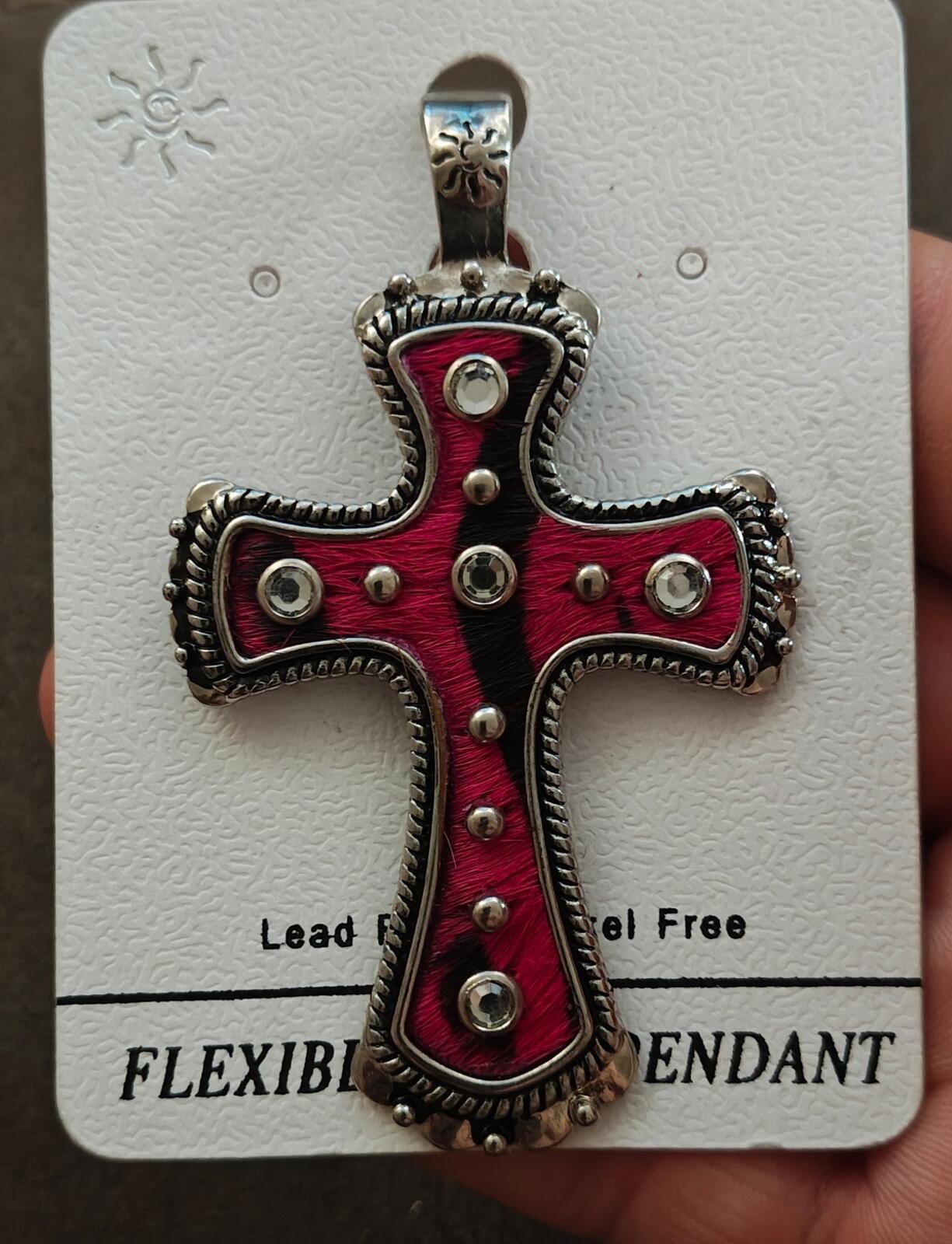 Western Style Pink Zebra Hair Inlay Cross Pendant With Rhinestones