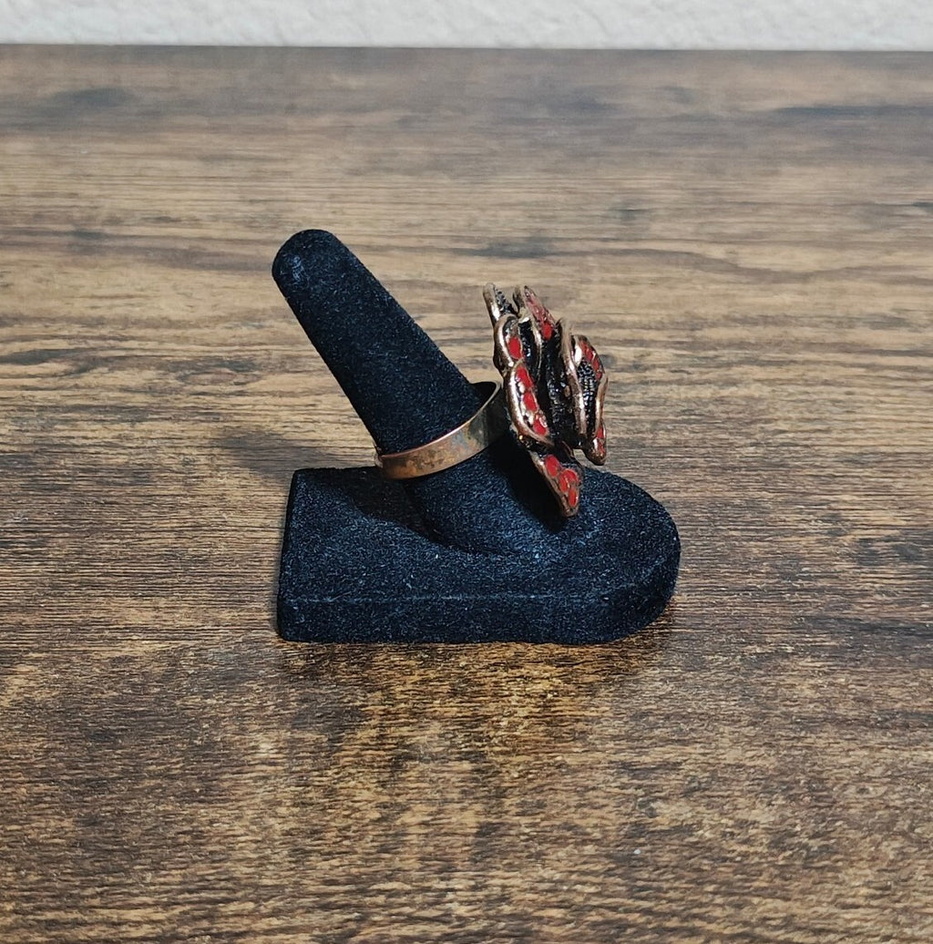 Three Dimensional Vintage Style Red Enamel Rose Statement Adjustable Ring.
