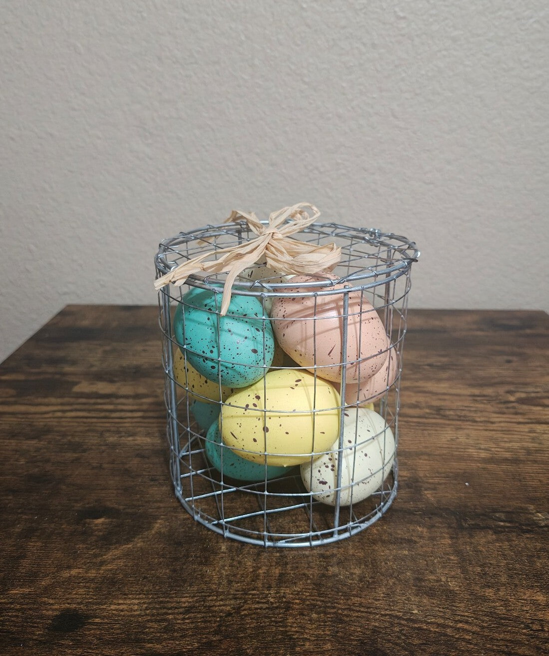 Spring Decorative Easter Eggs In Wire Basket