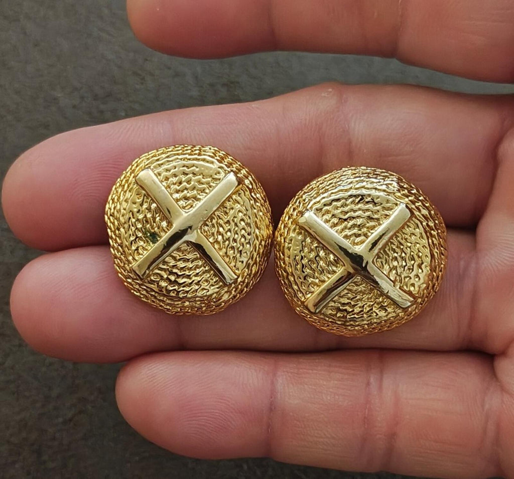 1980s Gold Tone Domed Textured Classic X Design Clip On Earrings