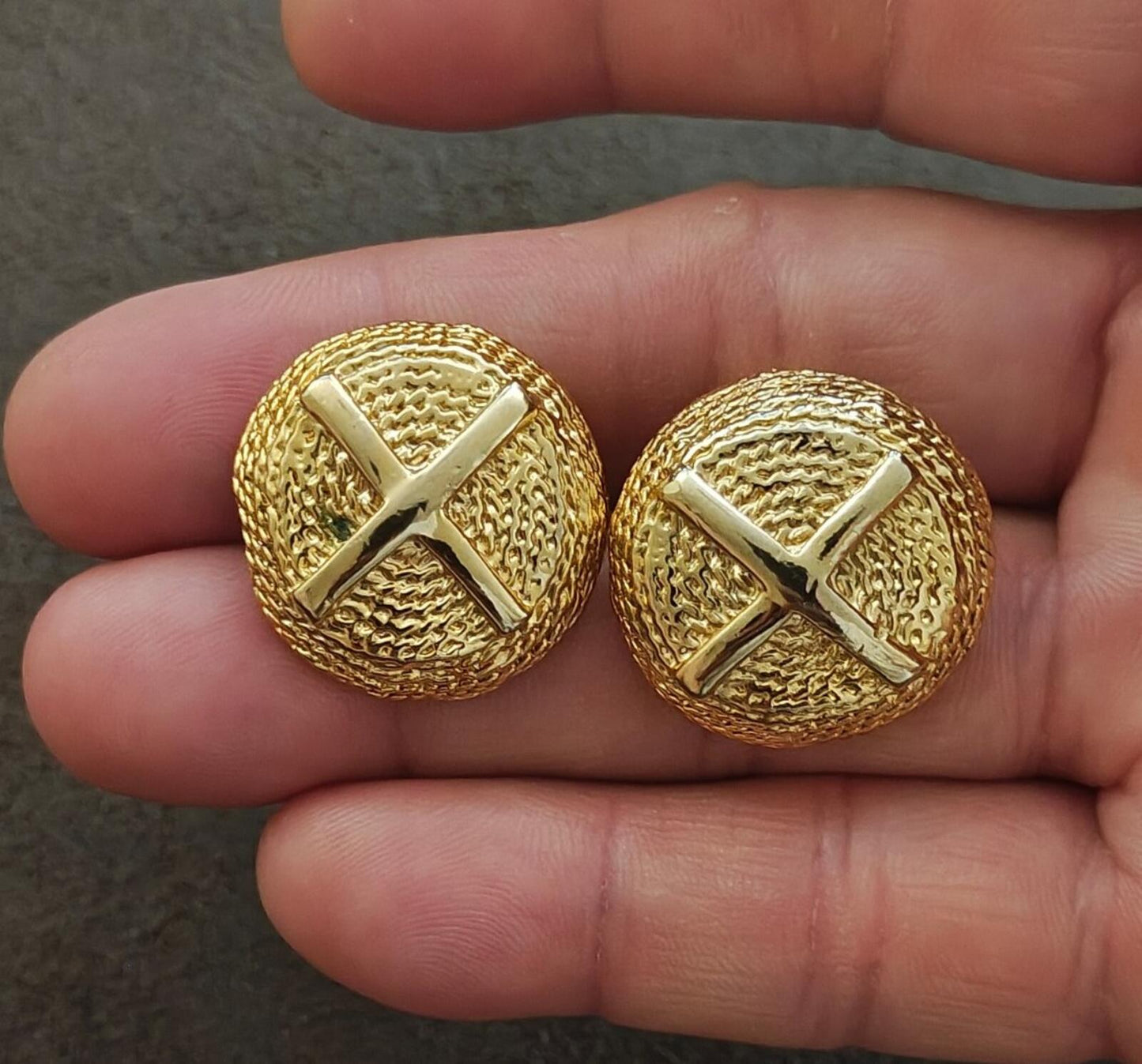 1980s Gold Tone Domed Textured Classic X Design Clip On Earrings
