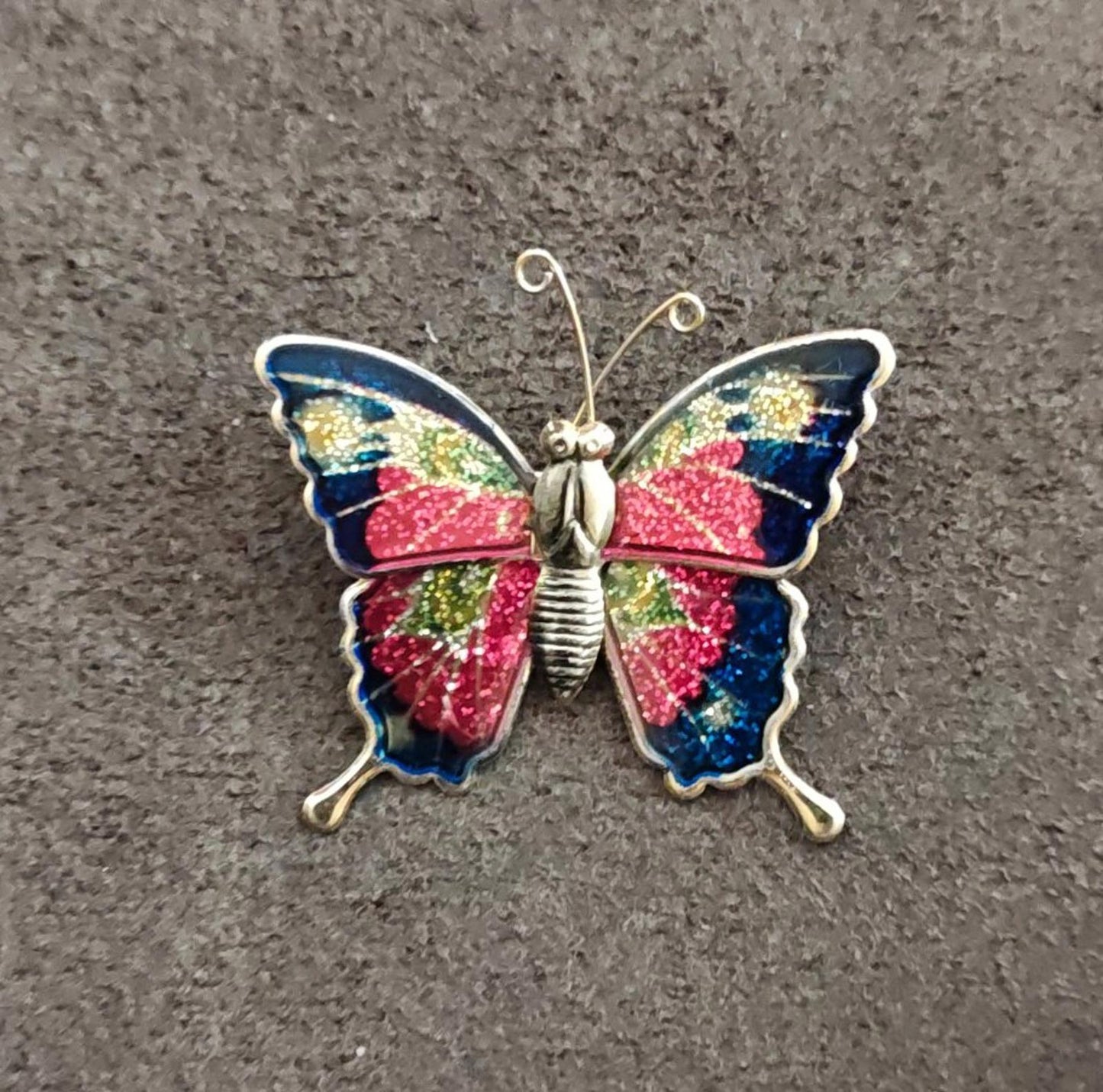 1970s Gold Tone Butterfly With Enamel & Glitter Accents Brooch