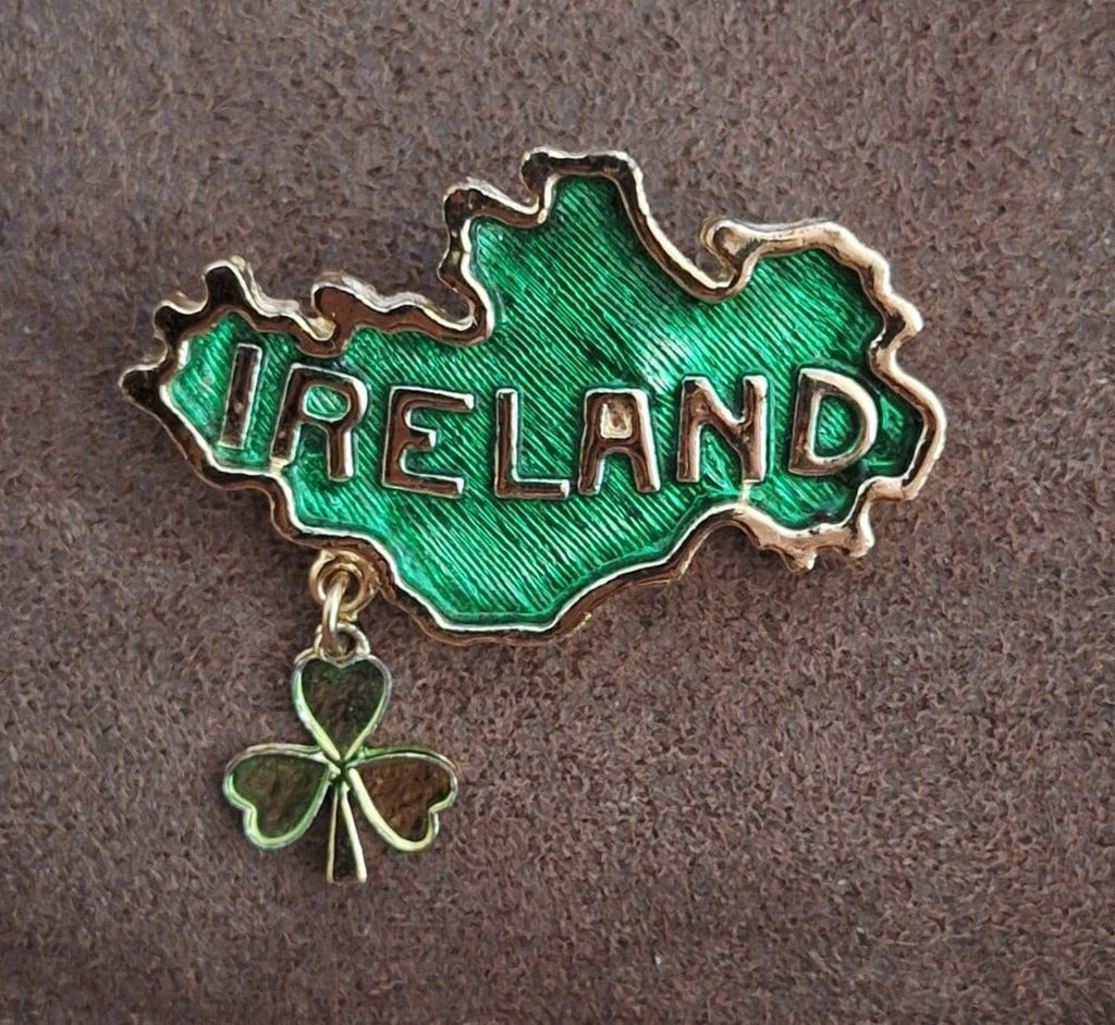 Green enamel Ireland map charm with dangling four-leaf clover on gold-tone chain