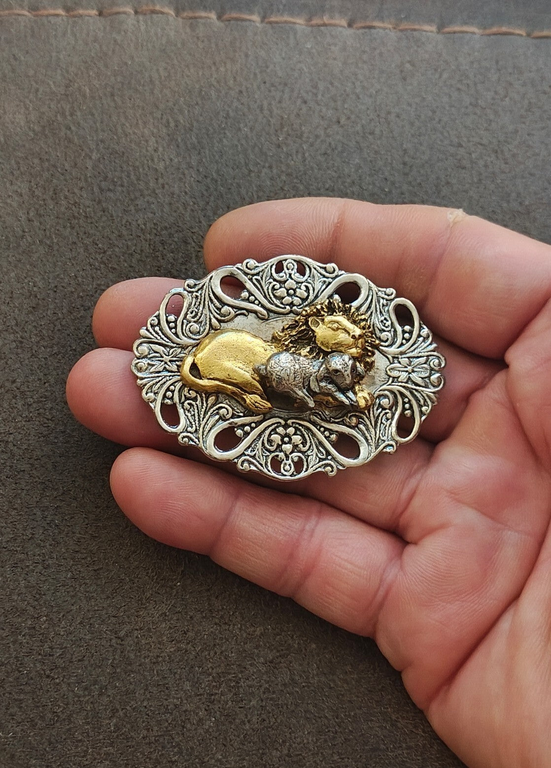 Biblical Lion & The Lamb Two Tone Openwork Filigree Brooch