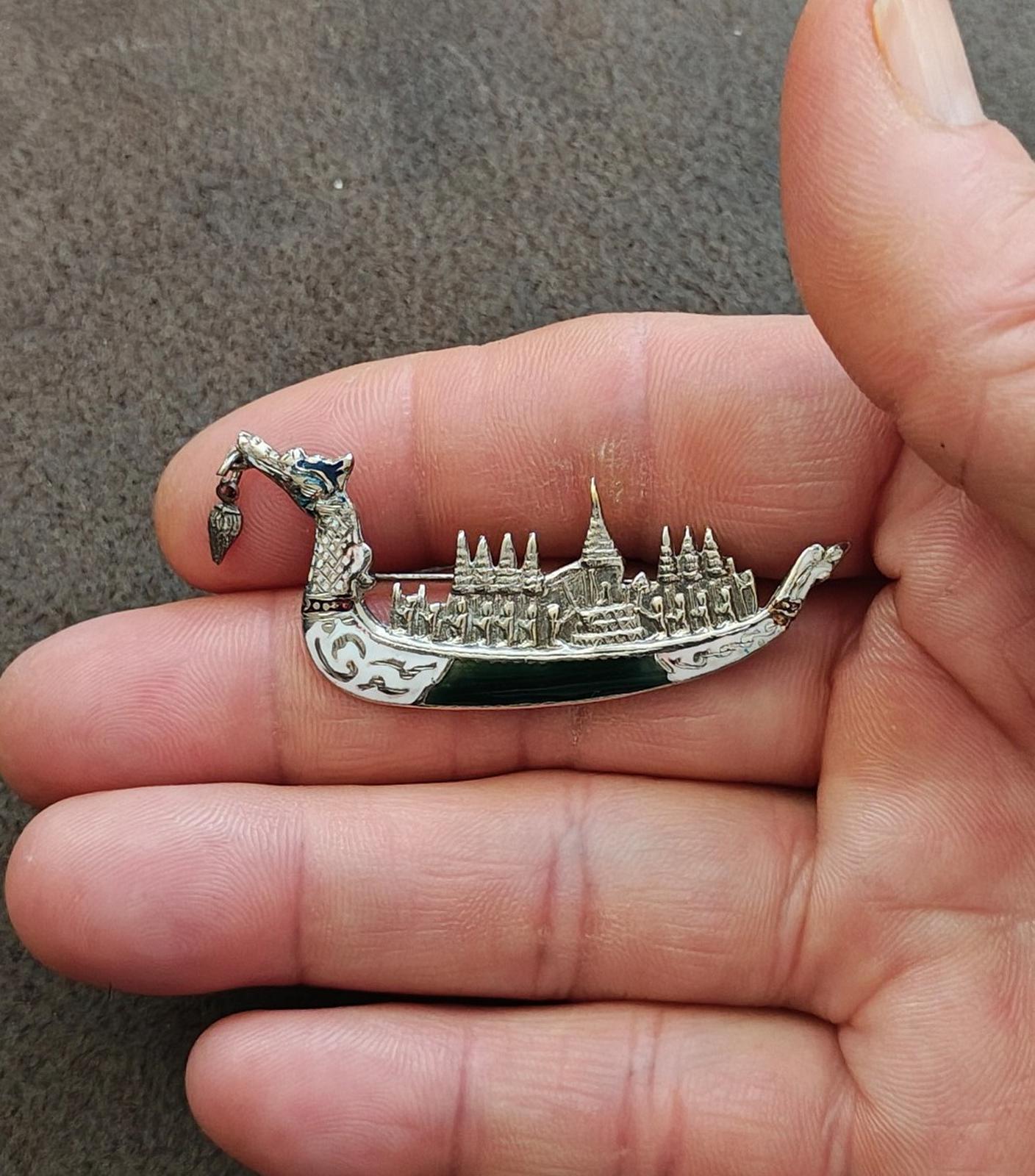 1950's Siam Thai Royal Dragon Sterling Silver Black and White Enamel Brooch