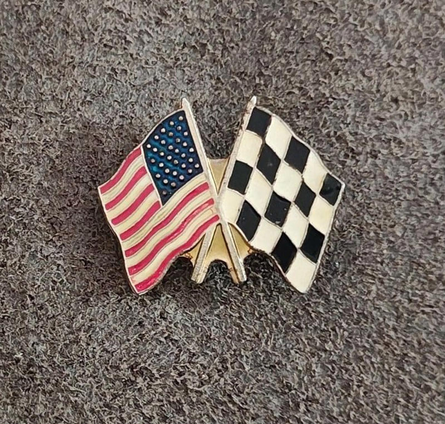 1980's American Flag and Checkered Flag Gold Tone Pin