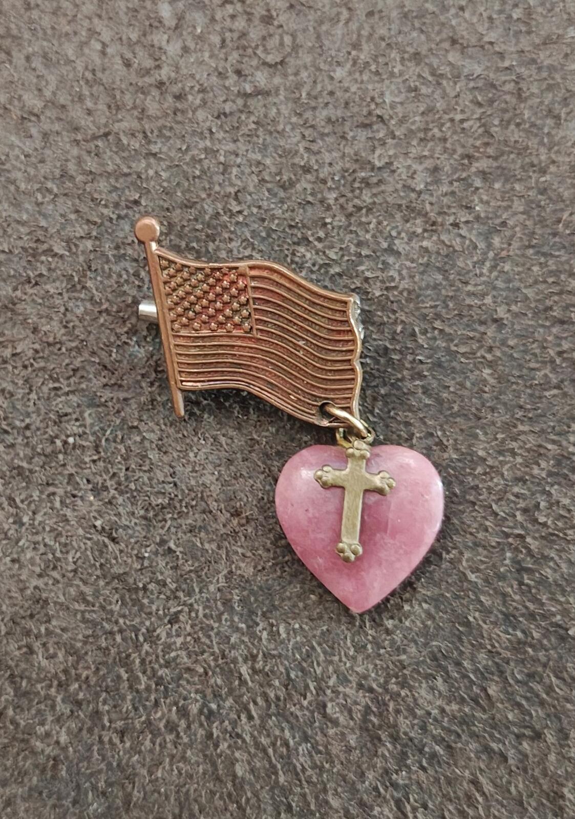 80s Gold Tone Patriotic & Religious American Flag With Heart Cross Charm Brooch