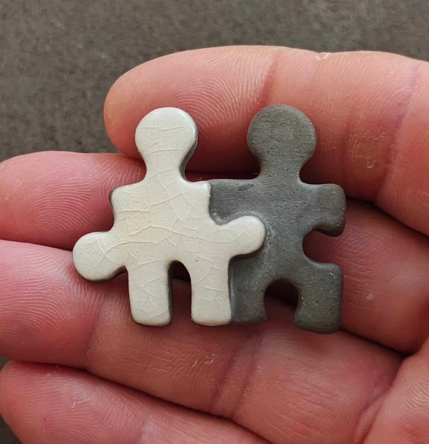 1990s Handcrafted Signed C Welch "Puzzle Buddies" Ceramic & Concrete Brooch