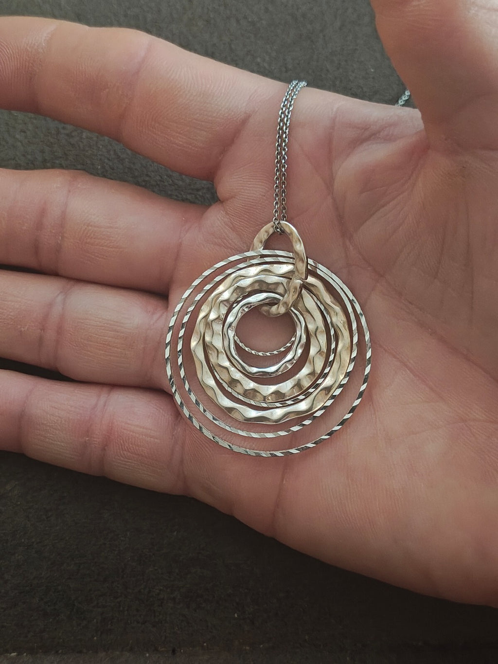 Silver Tone Multi Layer Concentric Circle Pendant Necklace