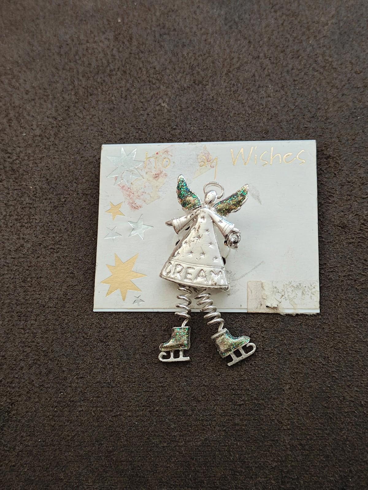 1990s Silver Tone With Glitter Accents "Dream" Angel Brooch