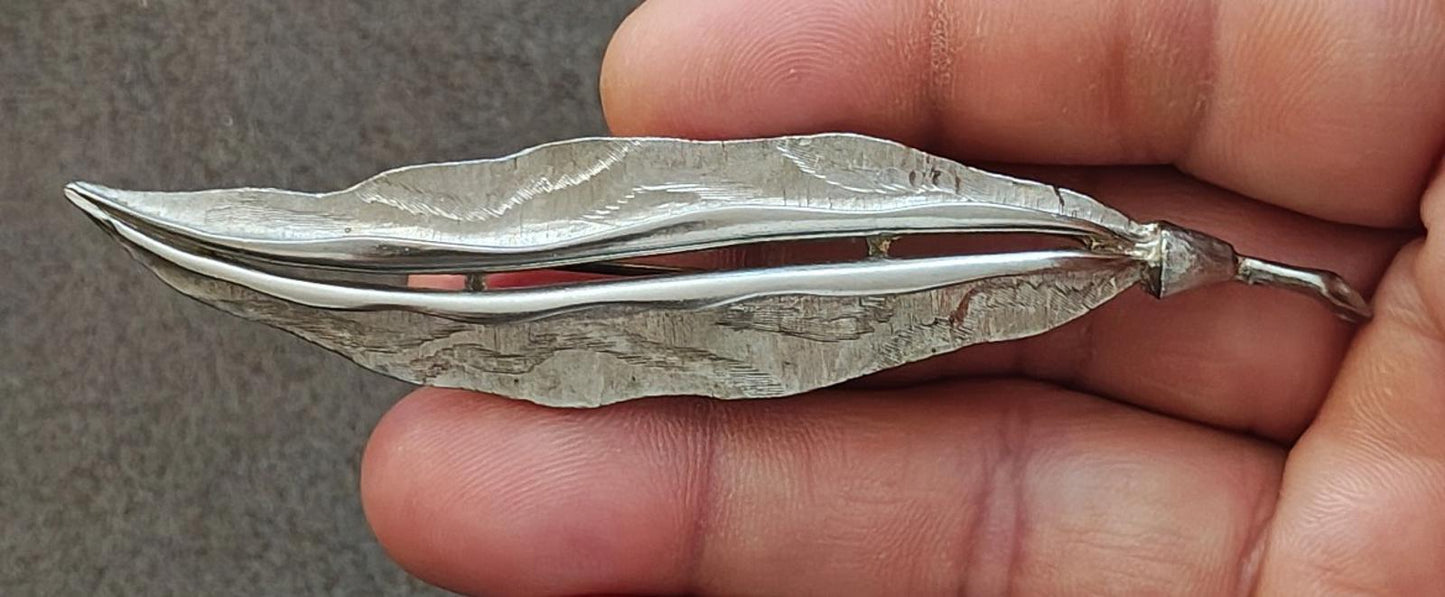 1970s Silver Tone Hand Forged Hammered Leaf Brooch