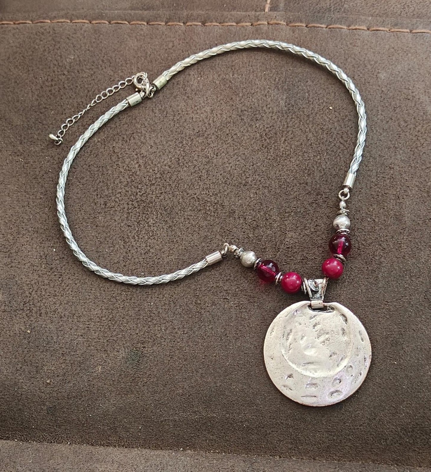 Silver Tone Braided Plastic Chain With Round Burgundy Pendant and Beaded Accents