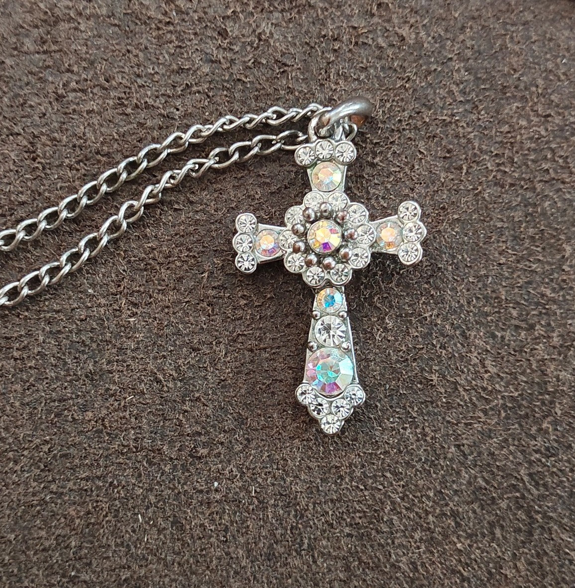 1990s Filigree With Aurora Borealis Rhinestones Silver Tone Cross Necklace