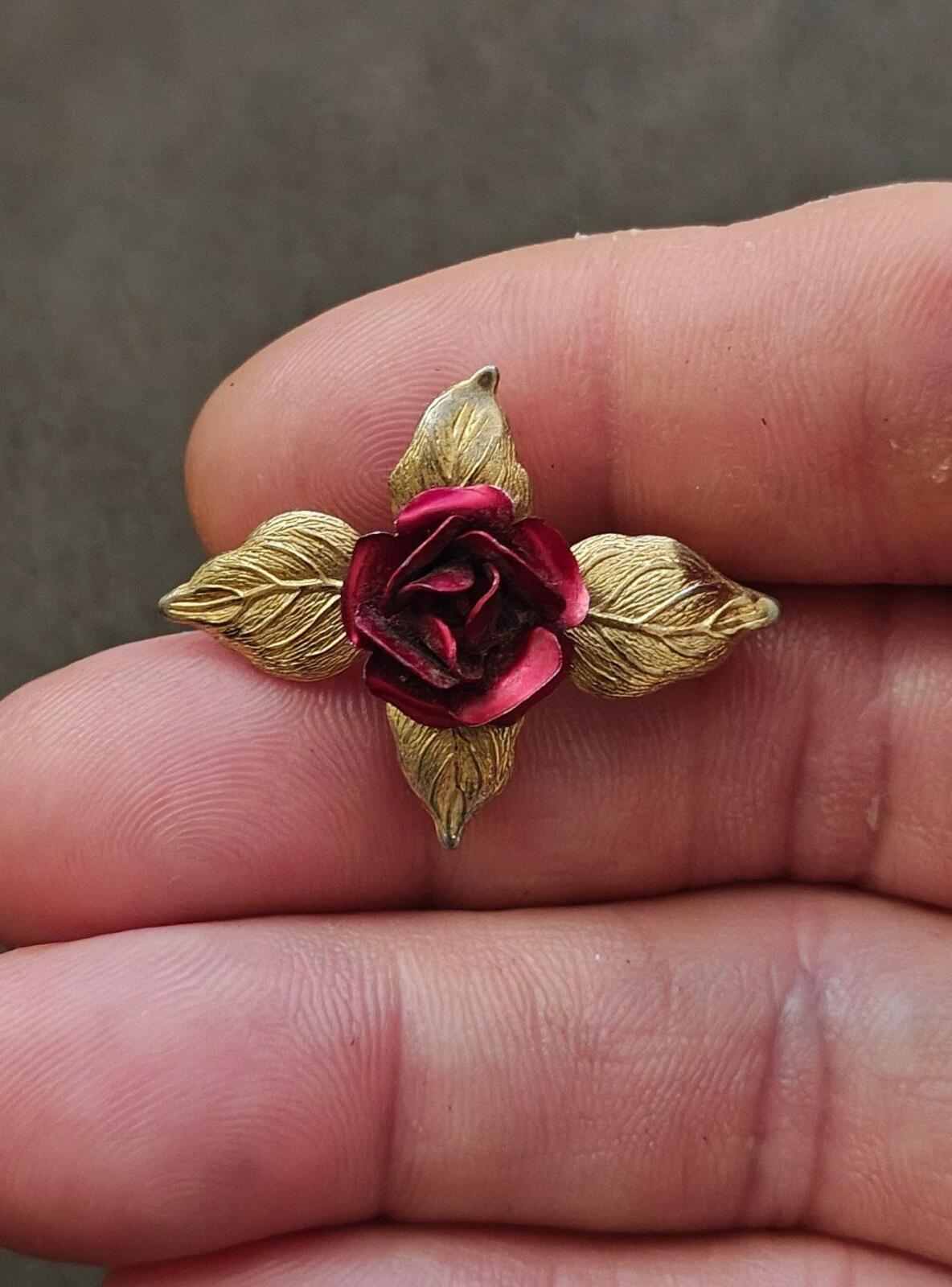 1970s/80s 3D Gold Tone Textured Red Enamel Rose Brooch