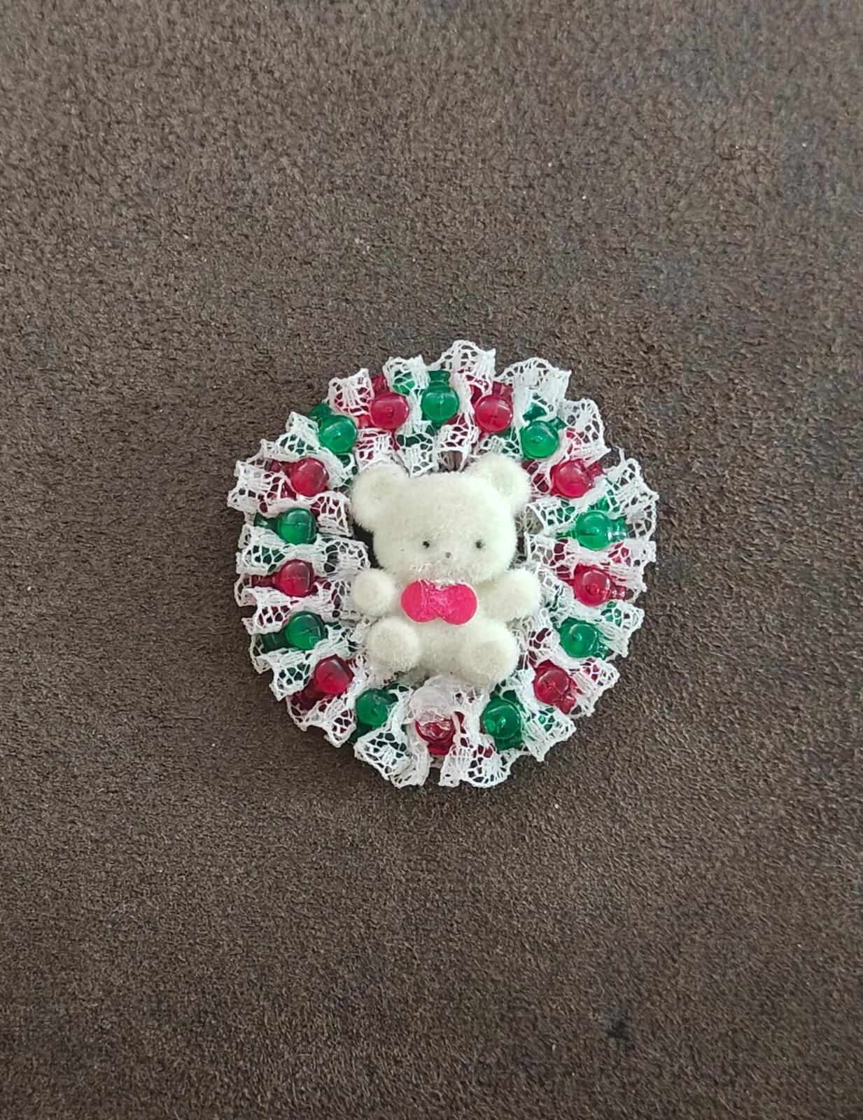 1980s Handmade Christmas Teddy Bear Holiday Wreath Brooch
