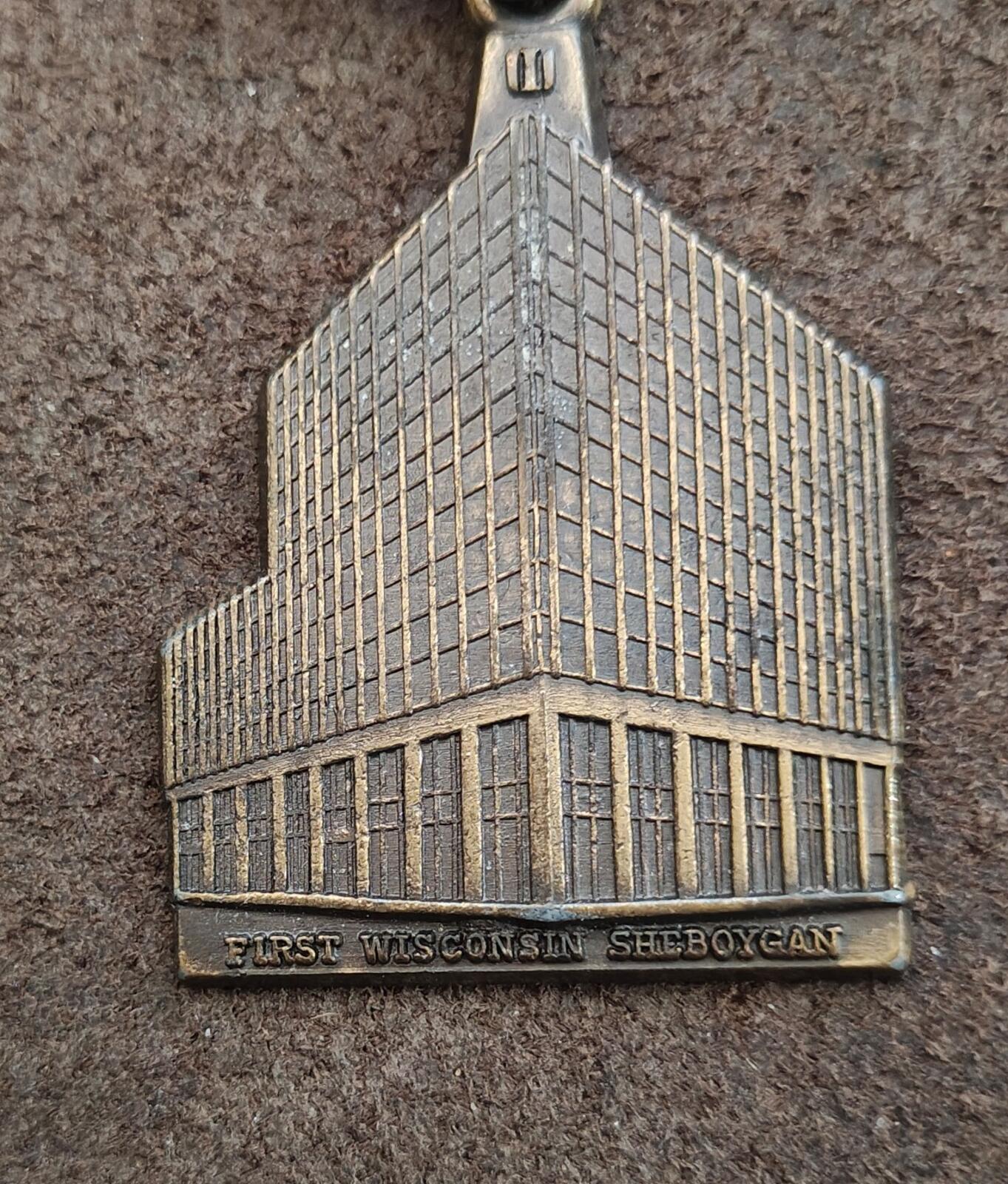 70s First Wisconsin National Bank building in Sheboygan Wisconsin Brass Keychain