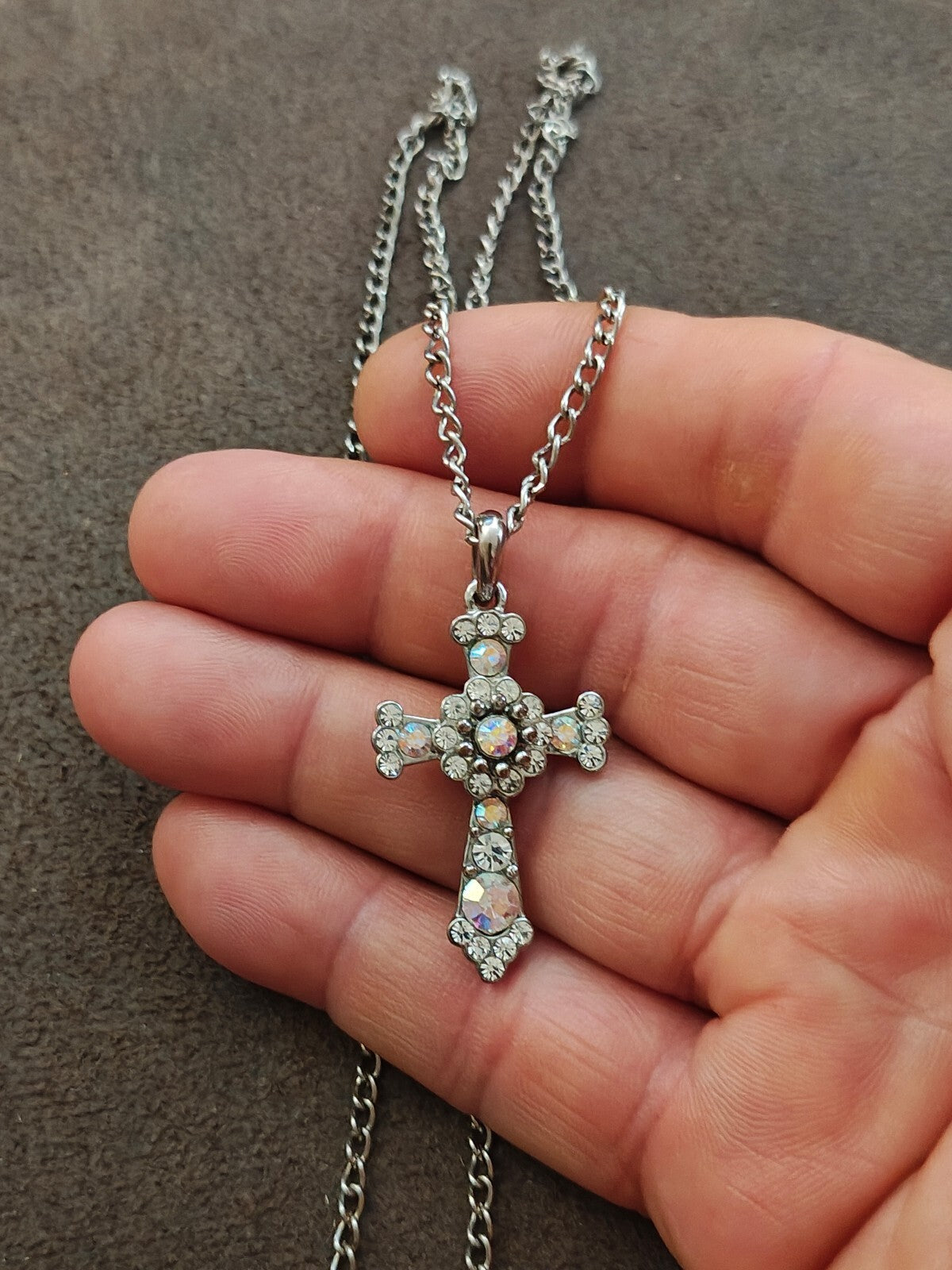 1990s Filigree With Aurora Borealis Rhinestones Silver Tone Cross Necklace