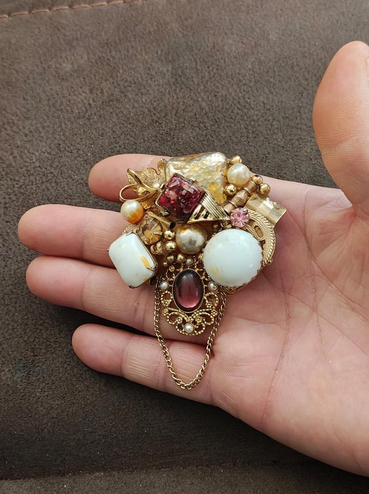1980s Handmade Collage of  Beads Faux Pearls Etc. Gold Tone Brooch