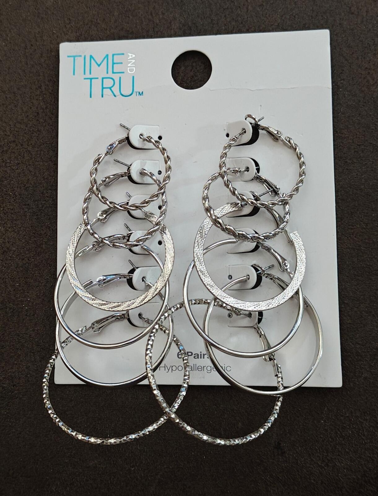 Time & Tru Women's Silver Tone Textured & Smooth Hoop Earring Set, 6-Piece New