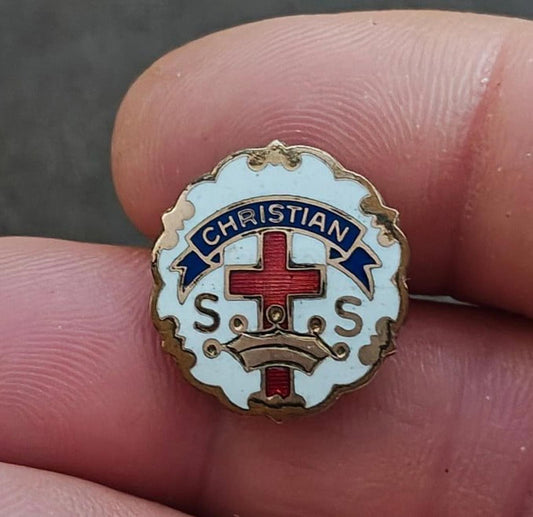 1930s Vintage Christian Sunday School Gold Tone Enamel Pin