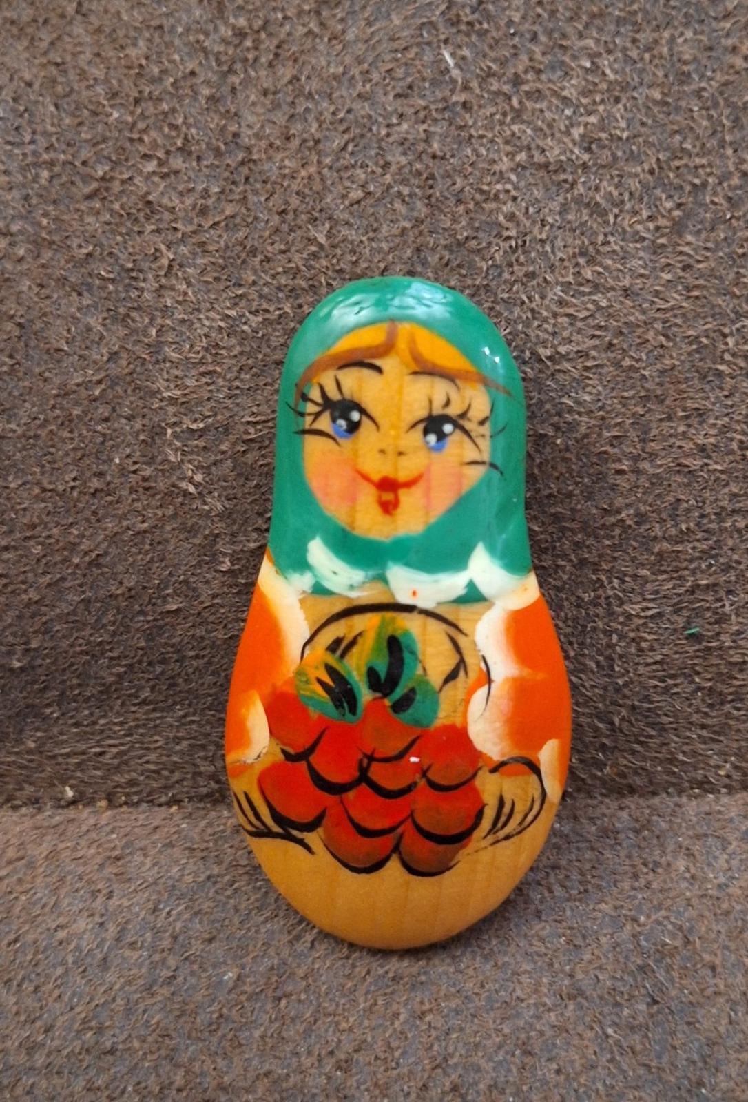 Vintage Wooden Hand Painted Eastern Europe Babushka Brooch
