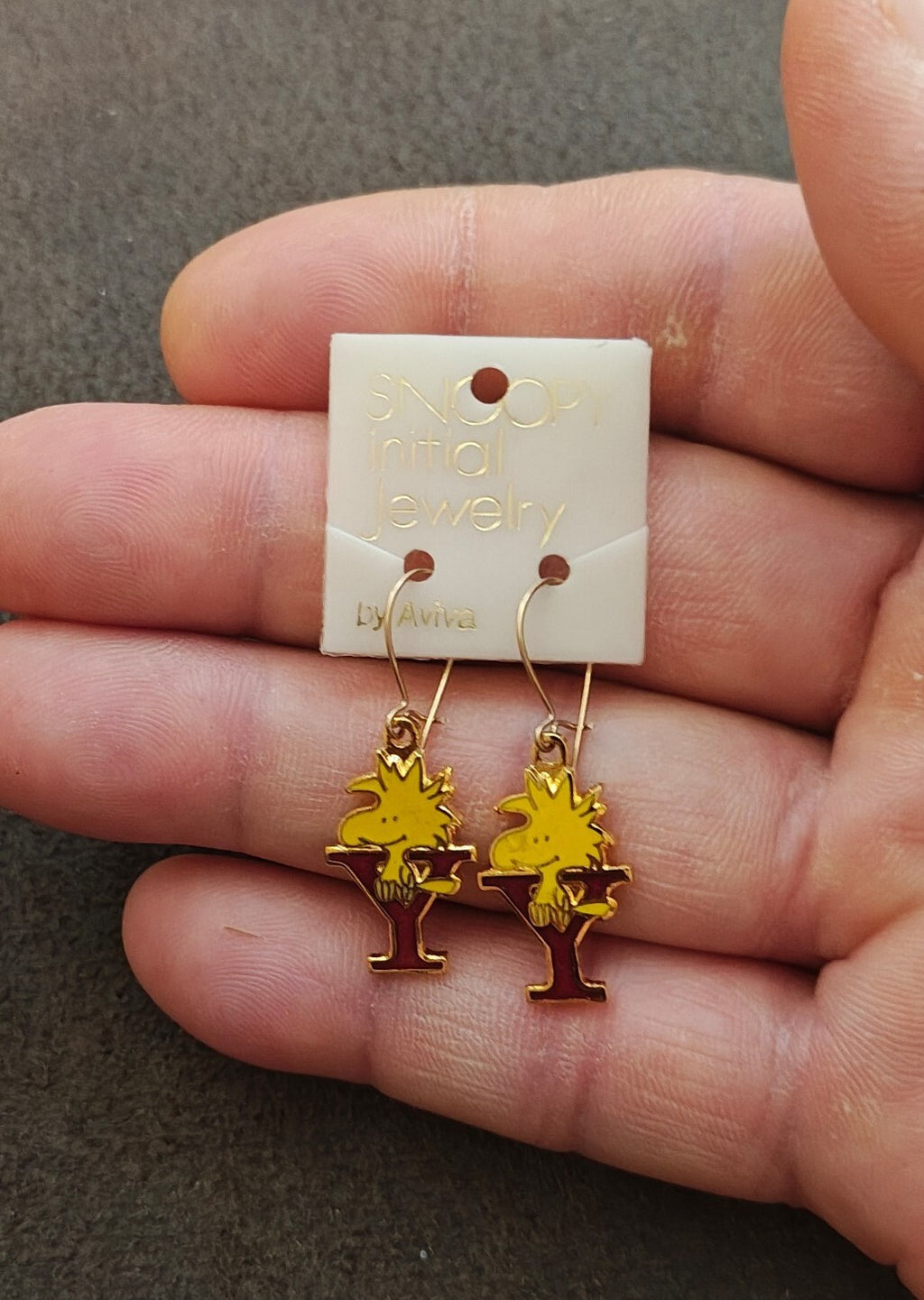 70s Peanuts Woodstock Initial "Y" Gold Tone Cloisonné Enamel Dangle Earrings New