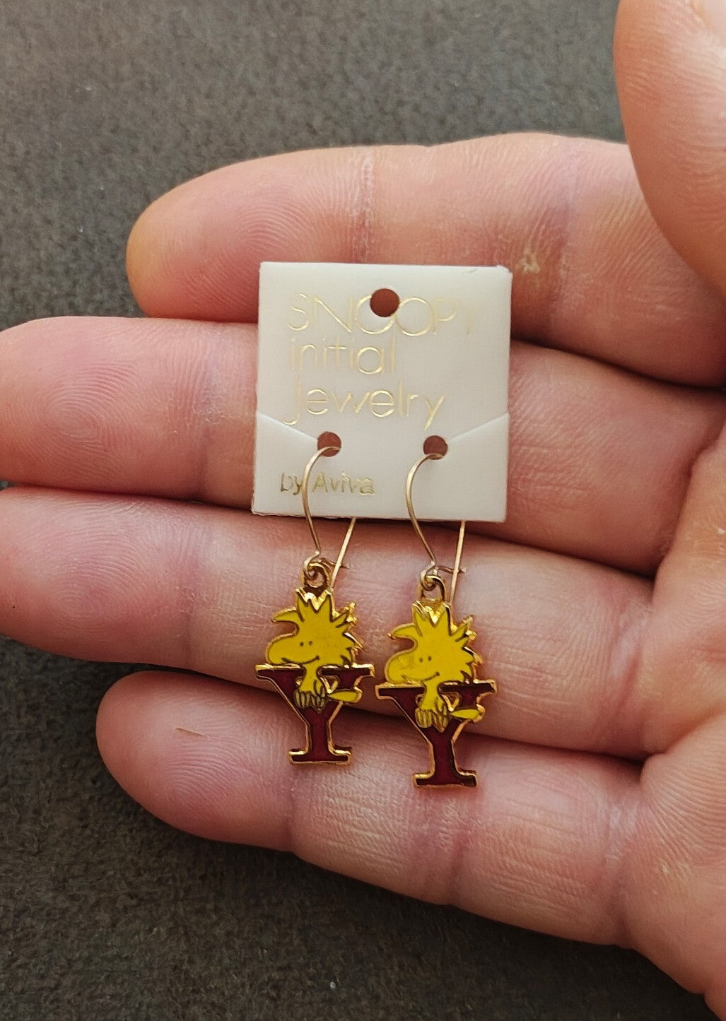 70s Peanuts Woodstock Initial "Y" Gold Tone Cloisonné Enamel Dangle Earrings New