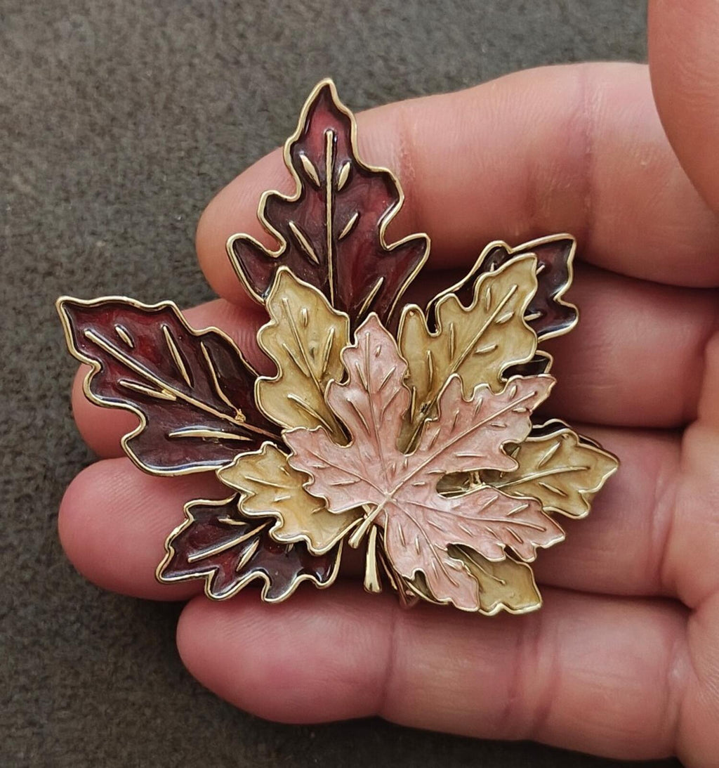 Tri Layered Gold Tone Multi Colored Handpainted Enamel Maple Leaf Brooch